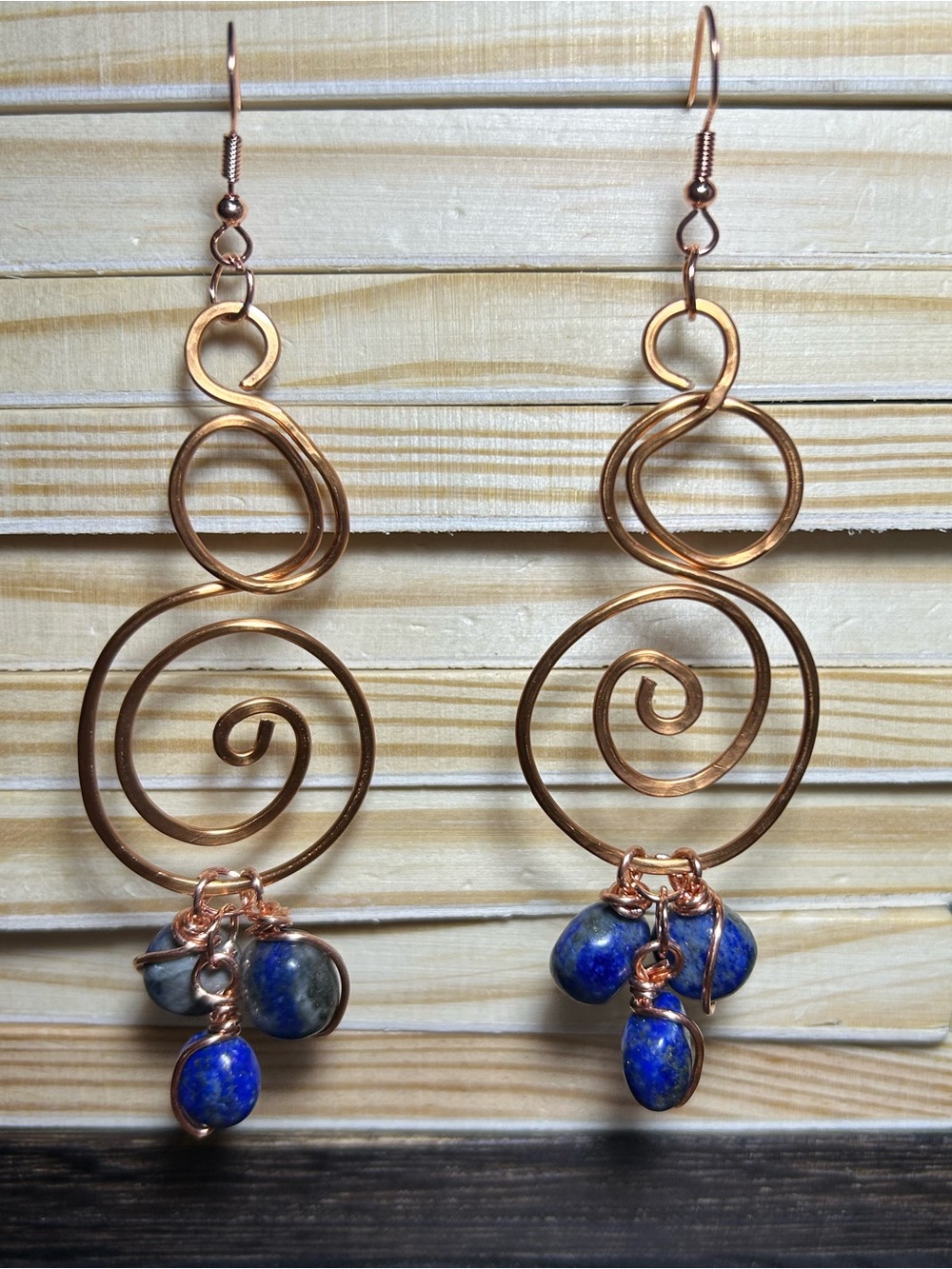 3/$25 Copper Spiral Earrings with Blue Lapis Luzuli Stone Dangles